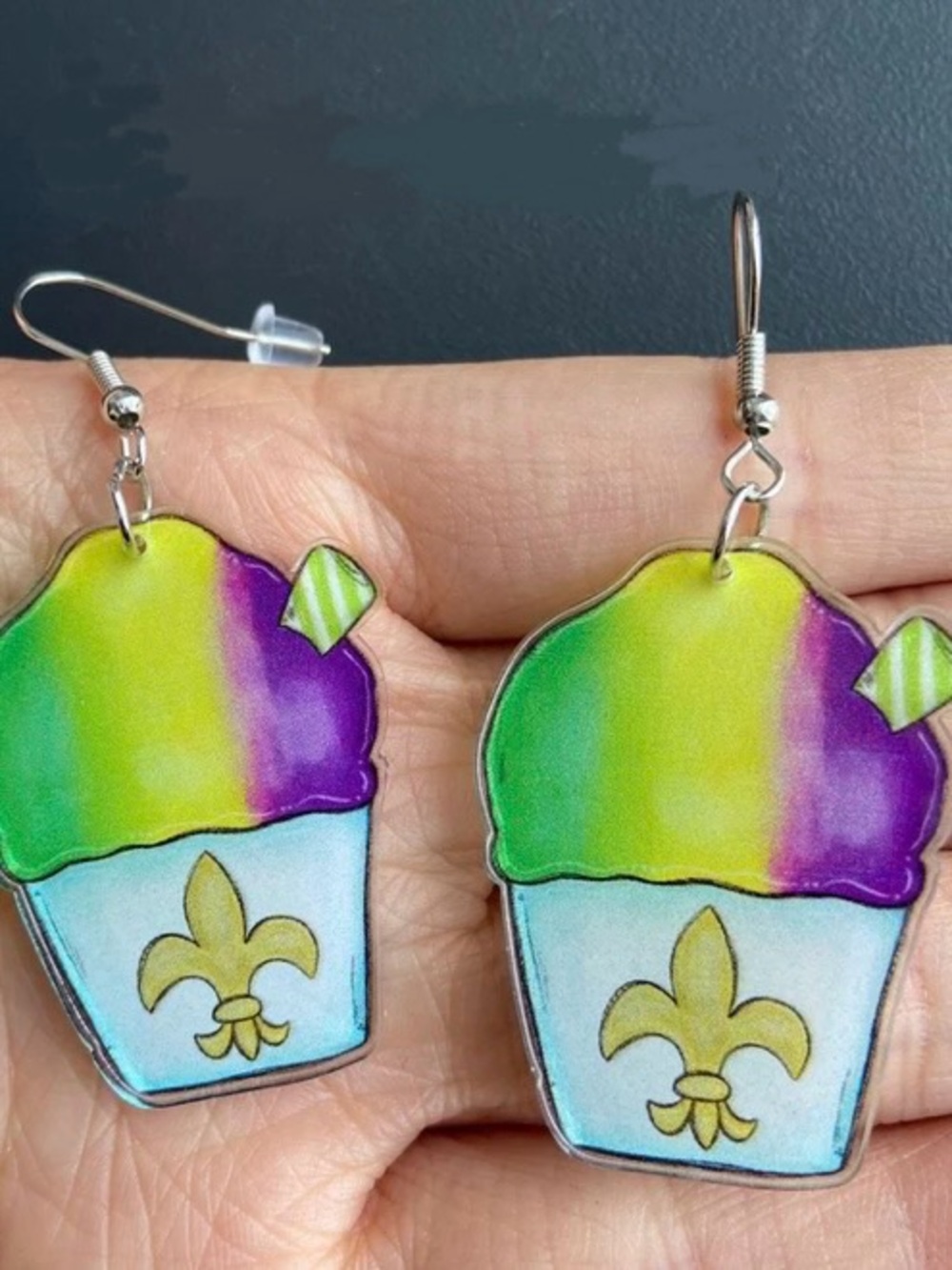 Purple Green Gold Fleur de Lis Snowball New Orleans Snow Cone Dangle Earrings